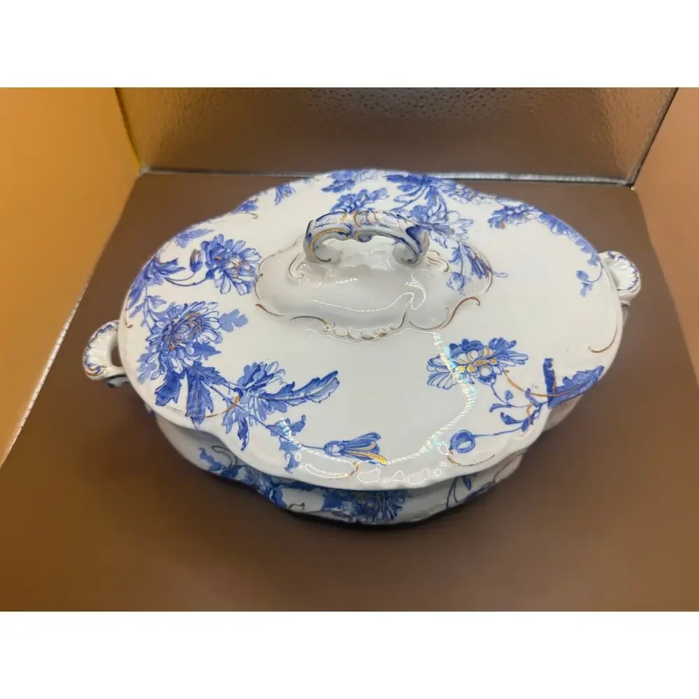 Antique Ridgways England Blue Floral Gold Covered Tureen Serving Dish 9 Inch